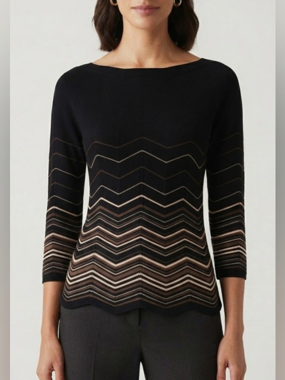 Marks & Spencer Black Knit Top with Brown and Cream Chevron Stripes